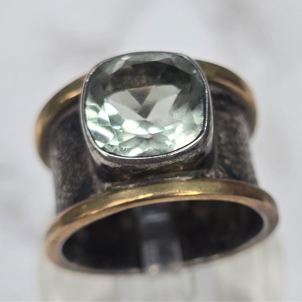 925 Sterling Silver Modernist Green Amethyst Wide Band Ring India Size 7.5
